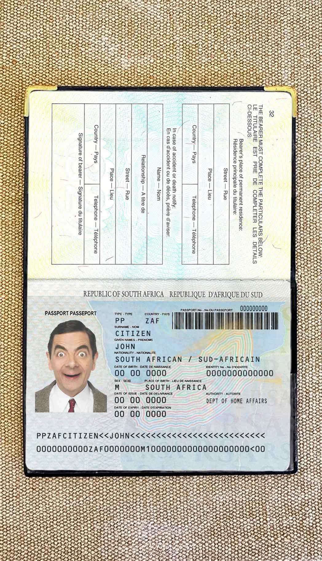 South Africa passport (1996 2009) photo look PSD template